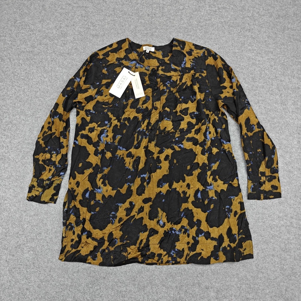 Masai Blouse Womens Medium Multicolor Animal Print Henley Tunic Top Long Sleeve